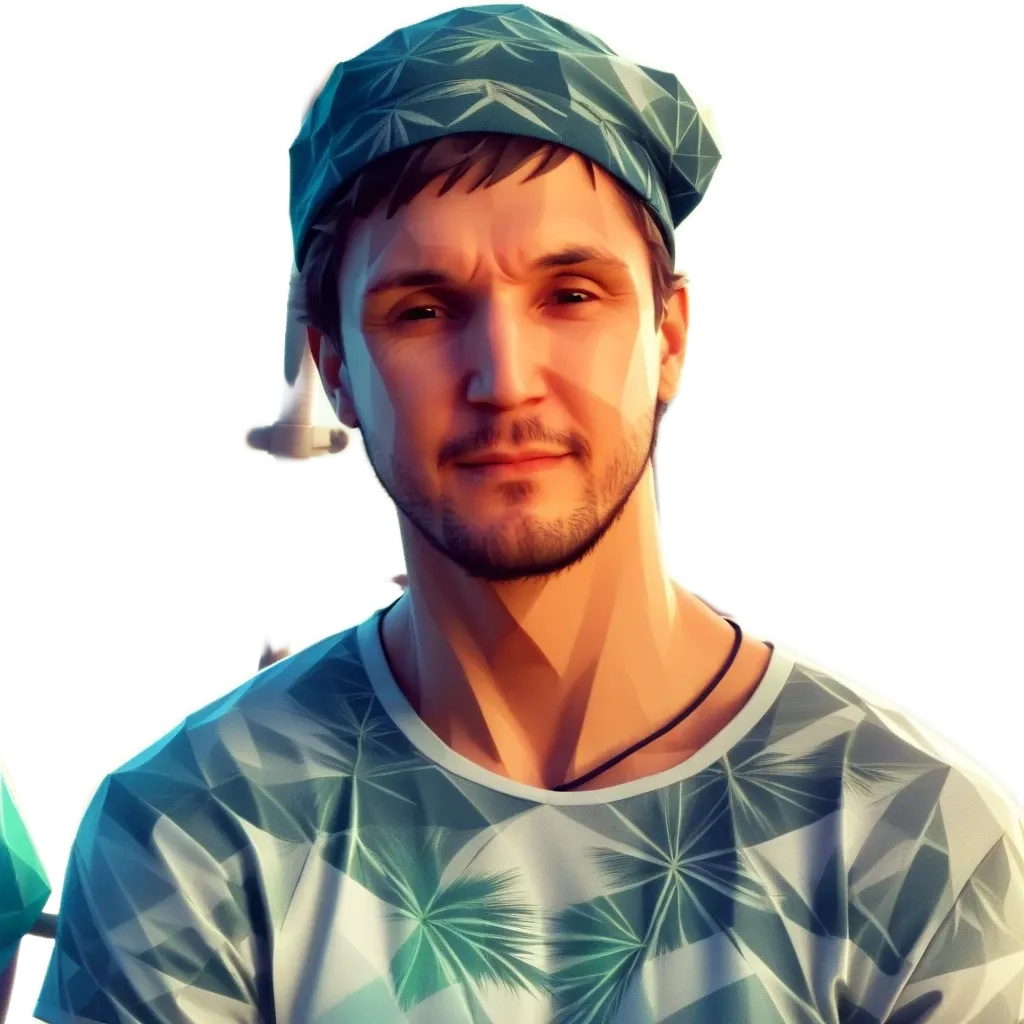 A man wearing a green bandana and a shirt with a palm tree on it.
