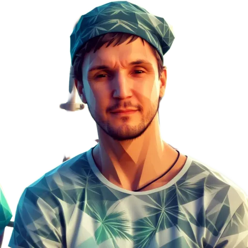 A man wearing a green bandana and a shirt with a palm tree on it.