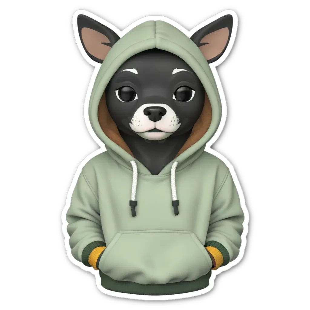A sticker of a dog wearing a hood, it is wearing a green jacket.