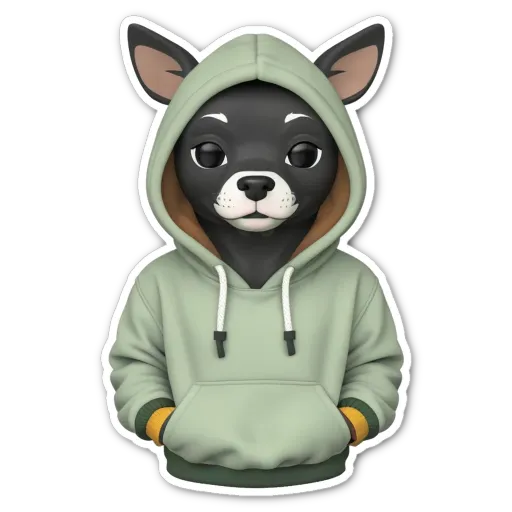 A sticker of a dog wearing a hood, it is wearing a green jacket.