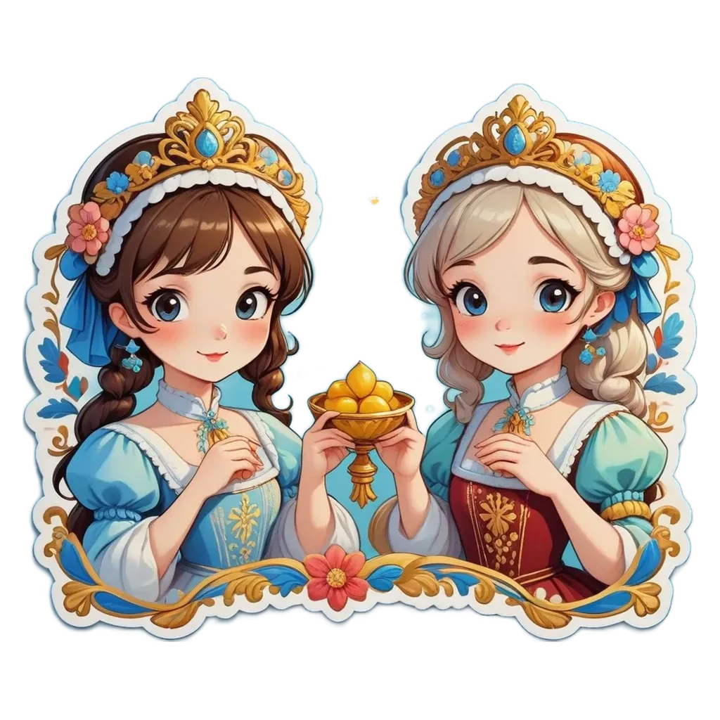 Two girls wearing dresses with flowers and a plate of fruit between them.