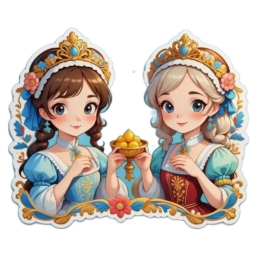 Two girls wearing dresses with flowers and a plate of fruit between them.