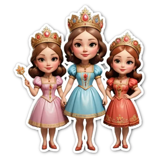 Three small cartoon girls with crowns standing next to each other.