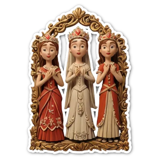 Three dolls wearing white dresses standing in a frame.