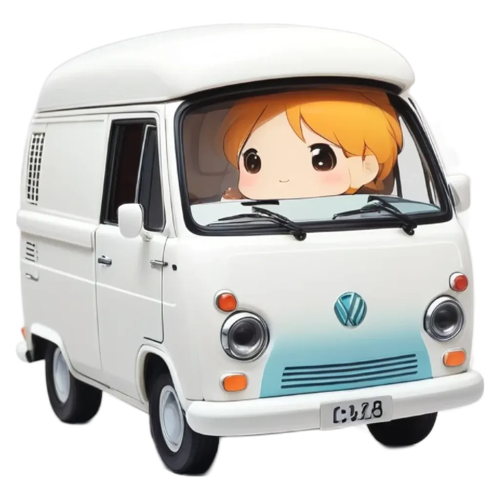 A cartoon character is sitting in the driver's seat of a van.