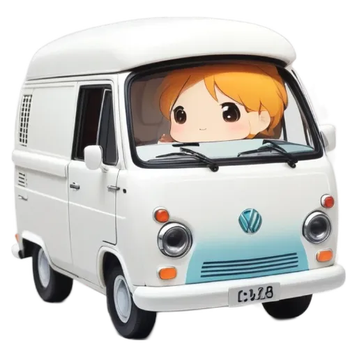 A cartoon character is sitting in the driver's seat of a van.