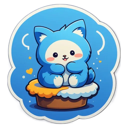 A blue cat on a cake with a heart on it.