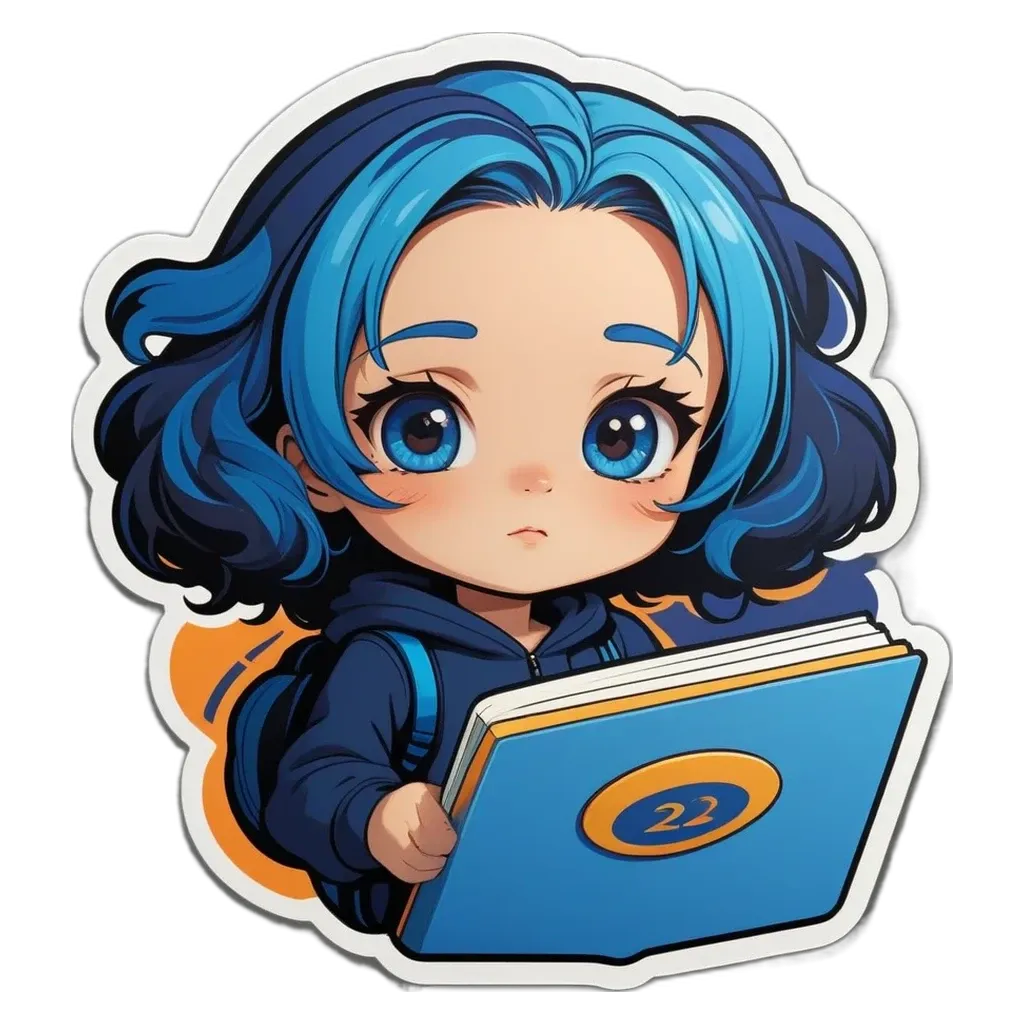 A blue girl reading a book with a #22 on the cover.