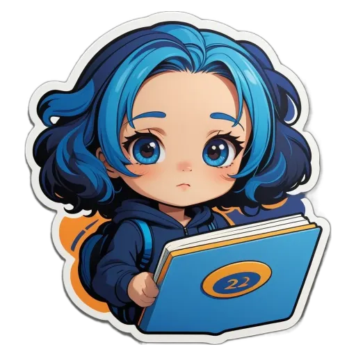 A blue girl reading a book with a #22 on the cover.