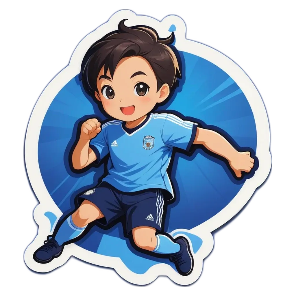 A boy wearing a blue soccer jersey is jumping in the air.