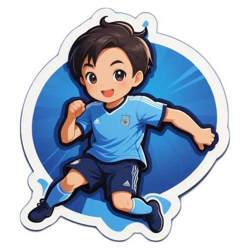 A boy wearing a blue soccer jersey is jumping in the air.