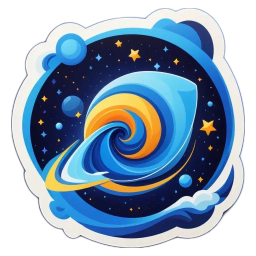 A very brief description of a spiral planet in space with stars and clouds around it.