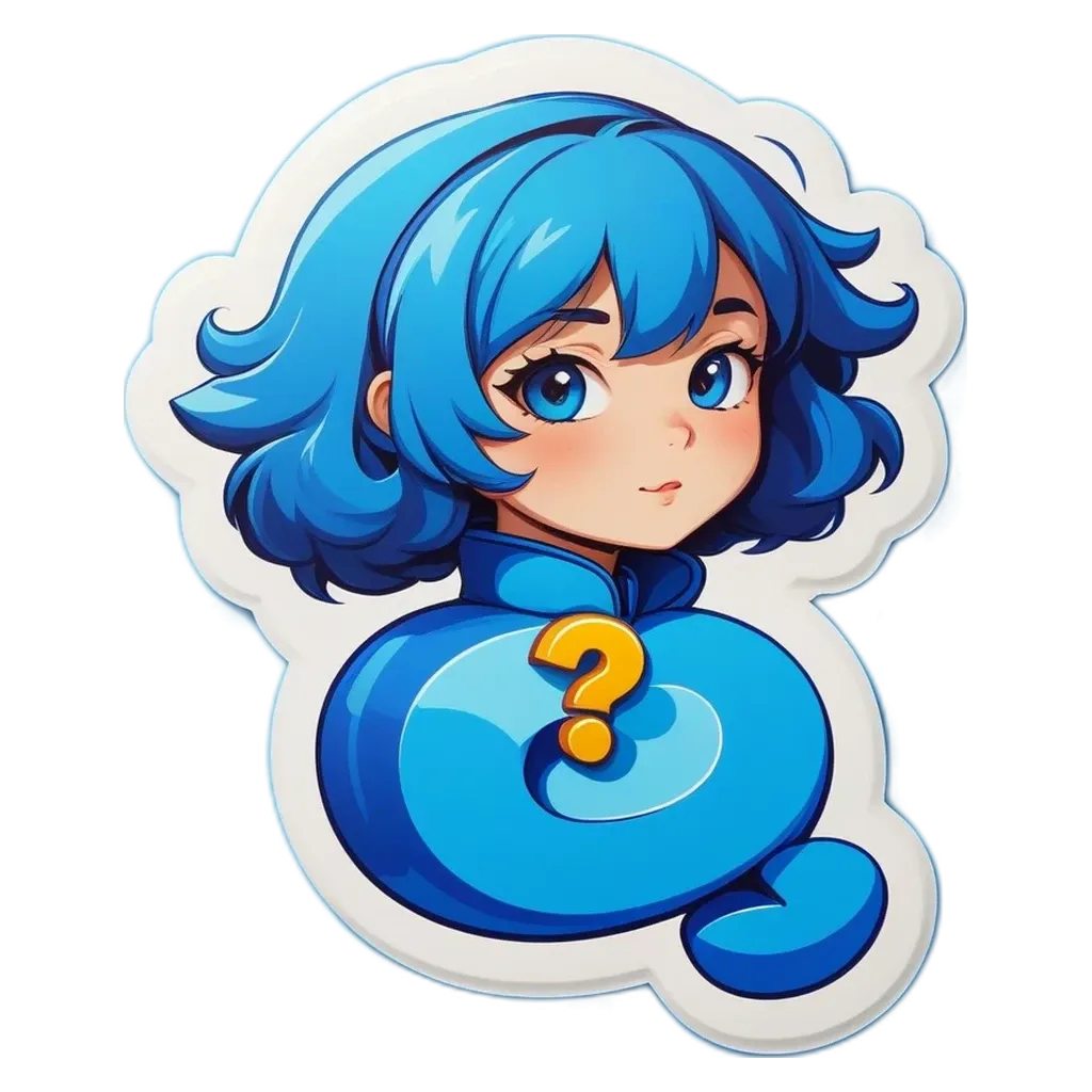 a girl with a question mark sticker on her head.