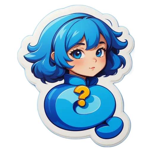 a girl with a question mark sticker on her head.