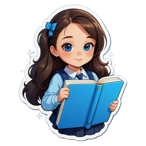 A girl reading a book with a sticker that is of her.