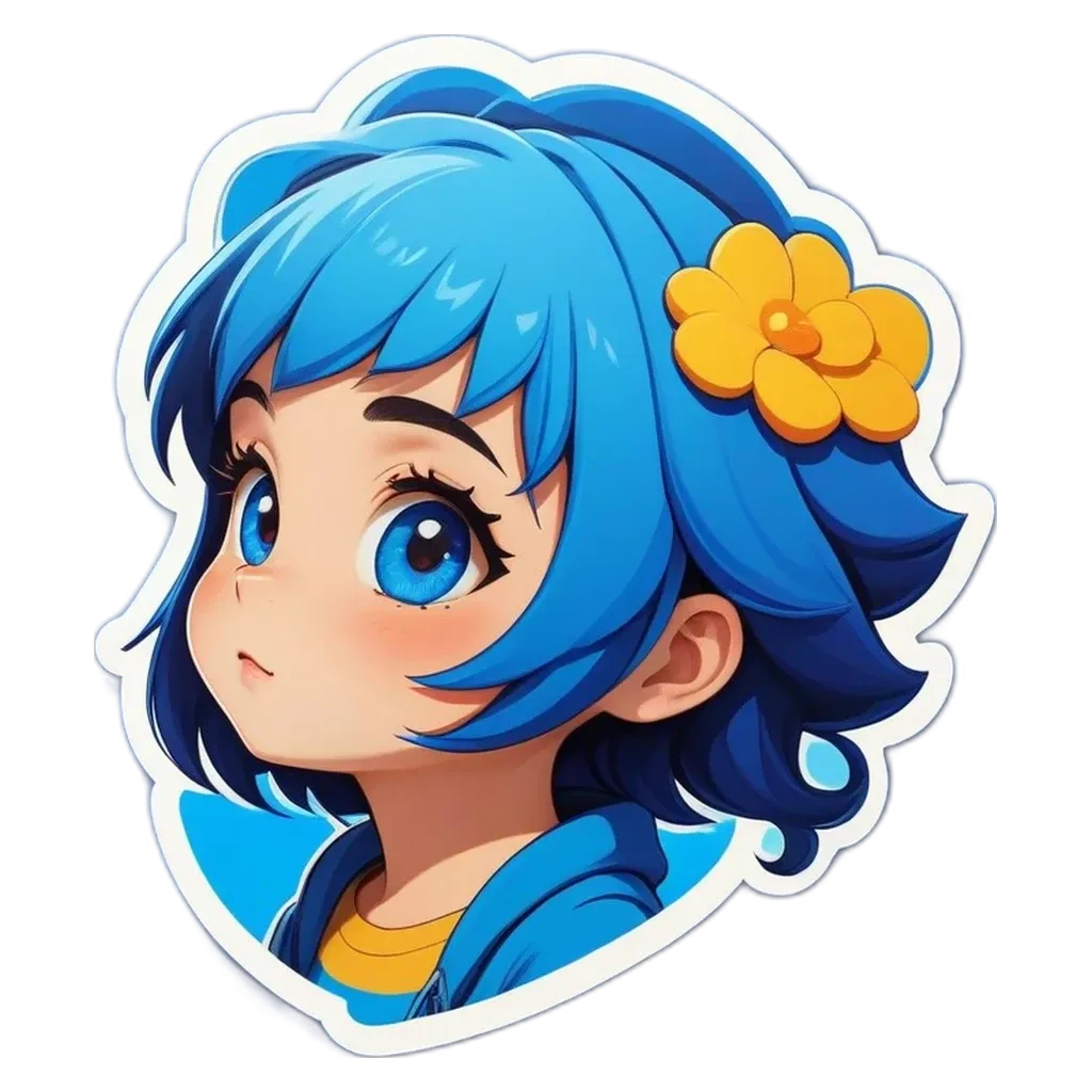 A girl with blue eyes and a blue face sticker is looking to the right.