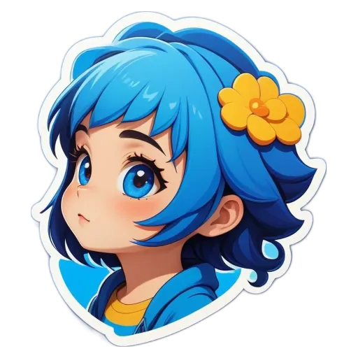 A girl with blue eyes and a blue face sticker is looking to the right.