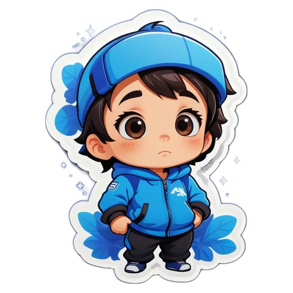 A boy is wearing a blue jacket and hat.