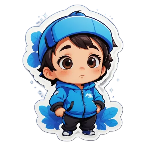 A boy is wearing a blue jacket and hat.