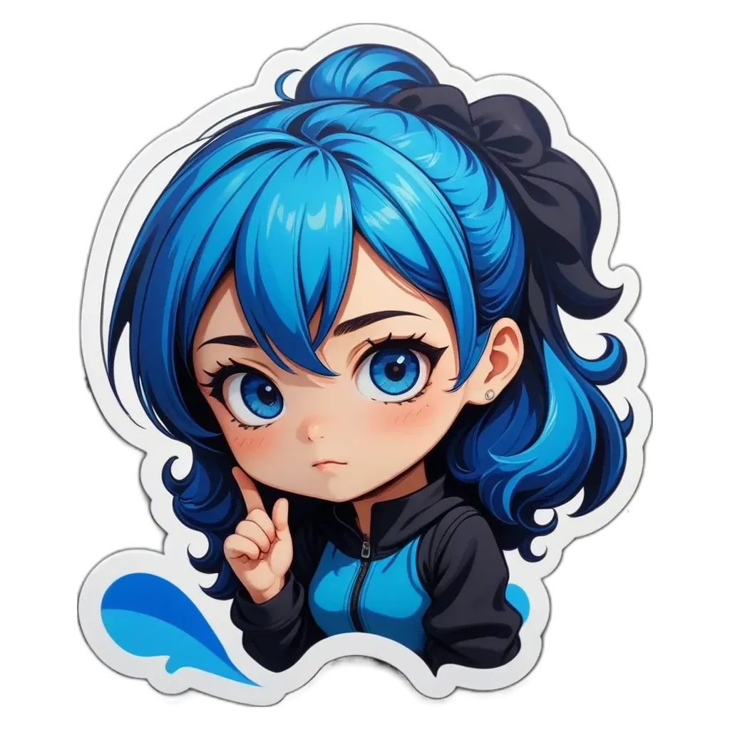 A girl with blue hair who is pointing down.