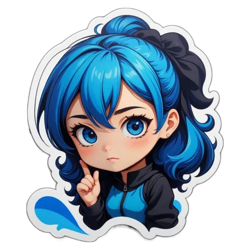 A girl with blue hair who is pointing down.