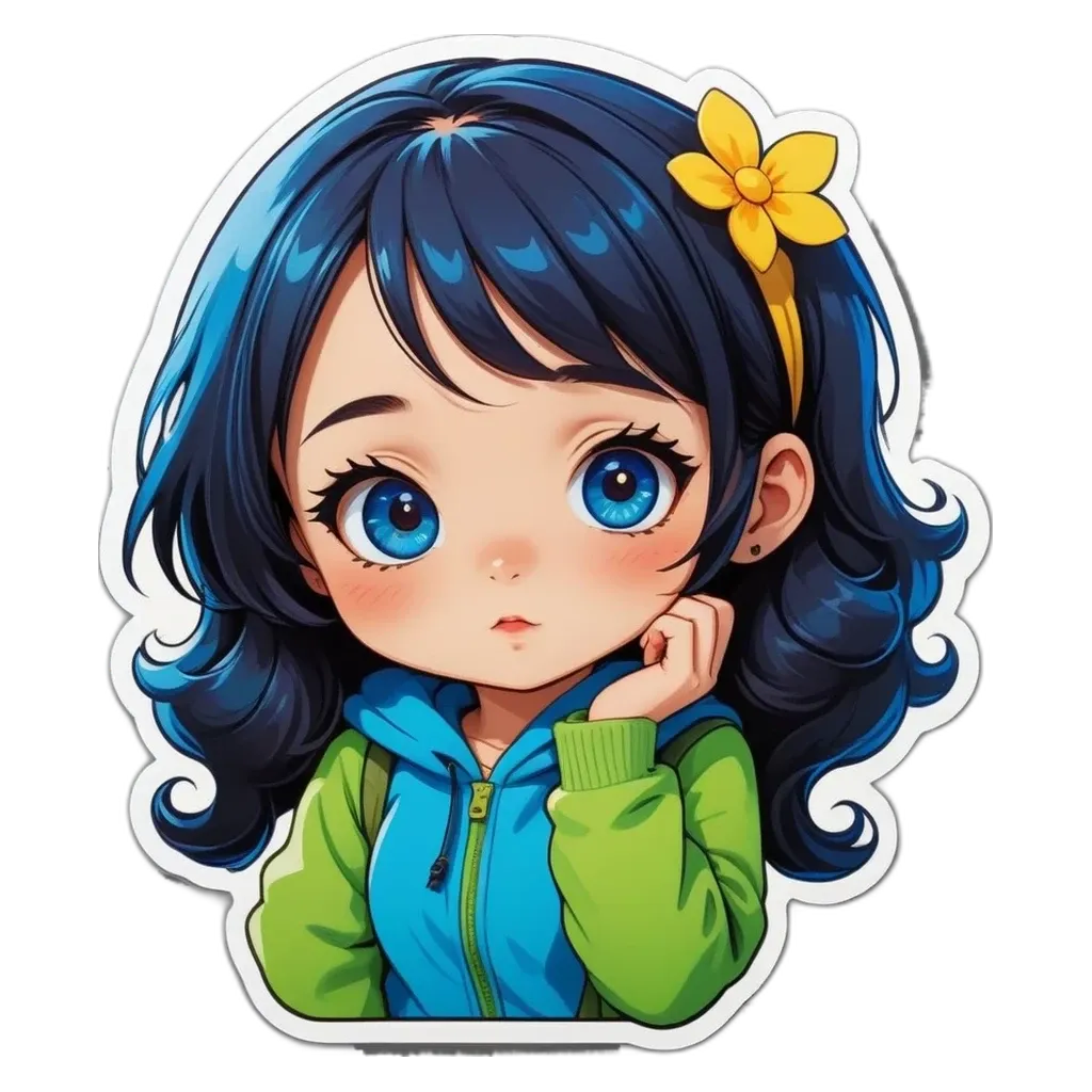 A girl with blue eyes and a flower on her cheek.
