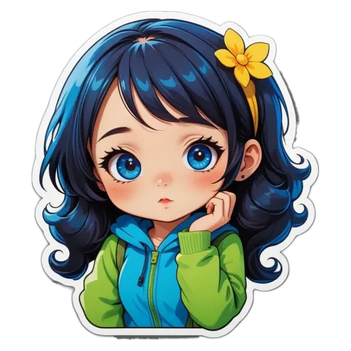 A girl with blue eyes and a flower on her cheek.