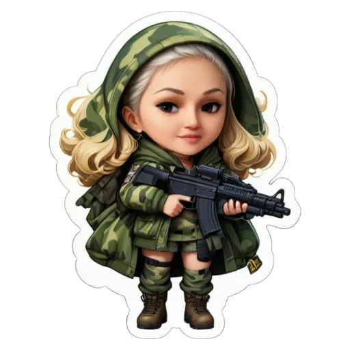 A cartoon or cartoonish image of a woman holding a gun.