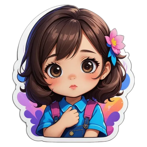 A sticker of a girl with a flower on her right hand.