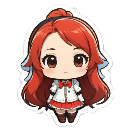 A girl with red hair and a white jacket.