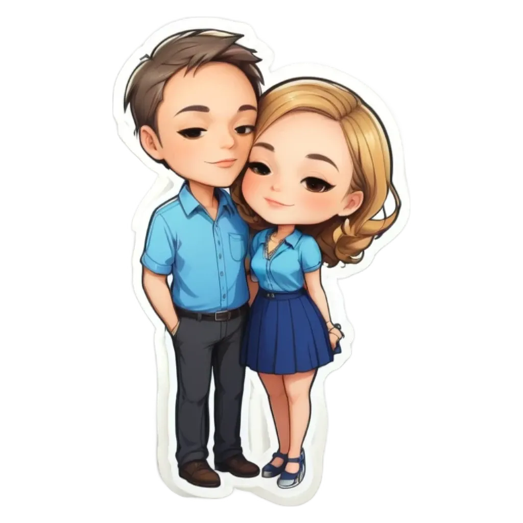 A cartoonish drawing of a man and woman with the man wearing a blue shirt.