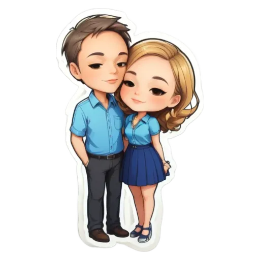 A cartoonish drawing of a man and woman with the man wearing a blue shirt.