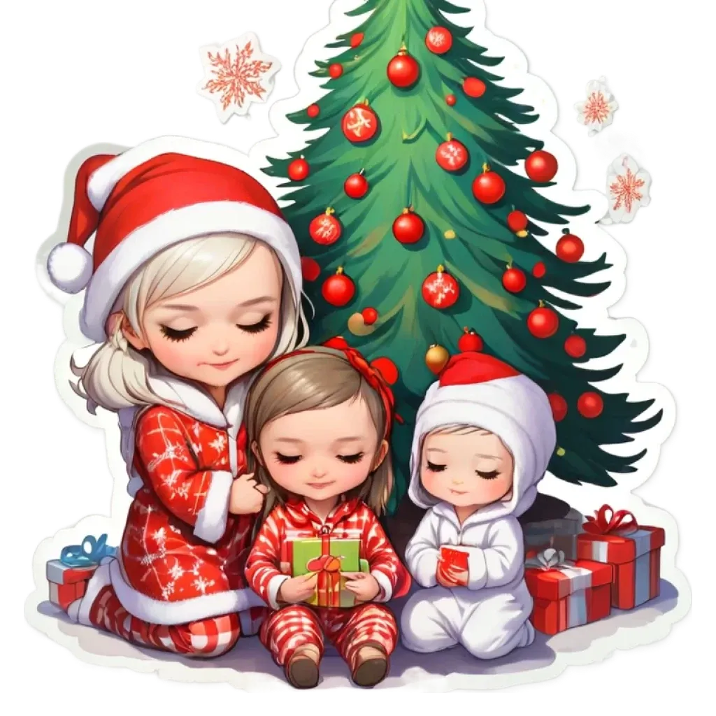 A cartoon of three women and a christmas tree with ornaments.