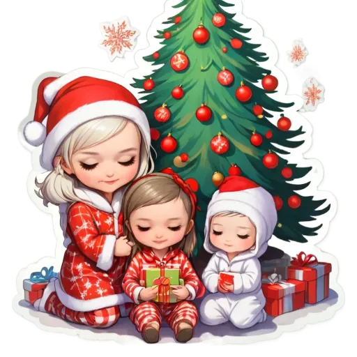 A cartoon of three women and a christmas tree with ornaments.