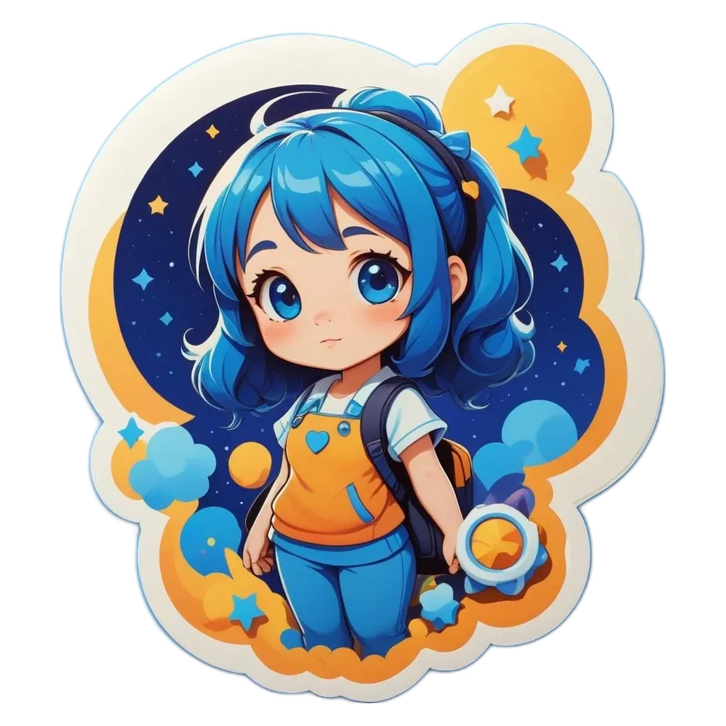 A blue girl with a white backpack standing in the stars.