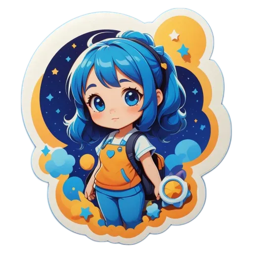 A blue girl with a white backpack standing in the stars.