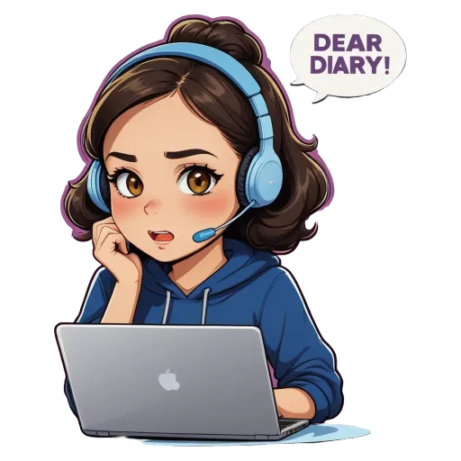 A girl wearing headphones and a laptop with a sticker that says "Dear Diary".