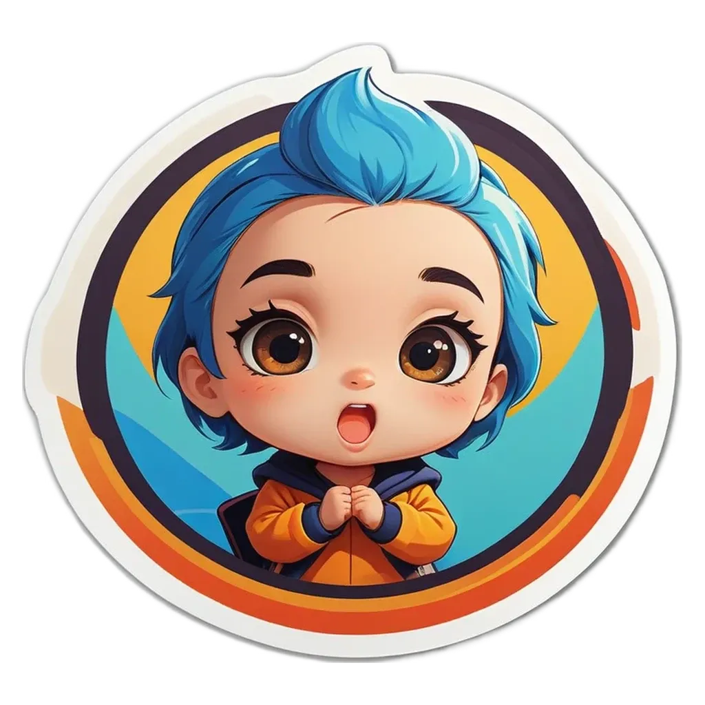 A circle with a girl in the center of it with blue hair.