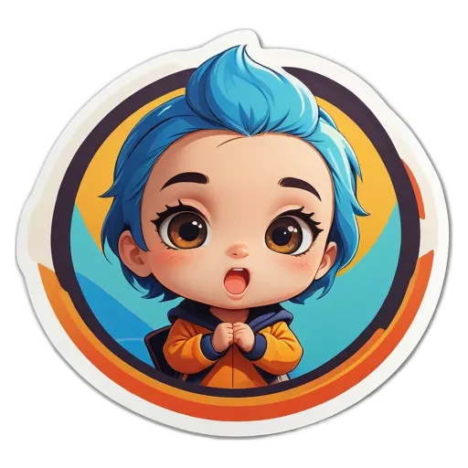 A circle with a girl in the center of it with blue hair.