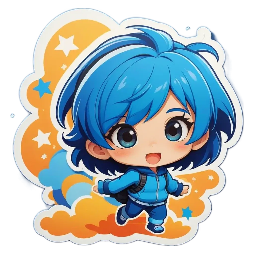 A blue girl with a backpack running in the sky.