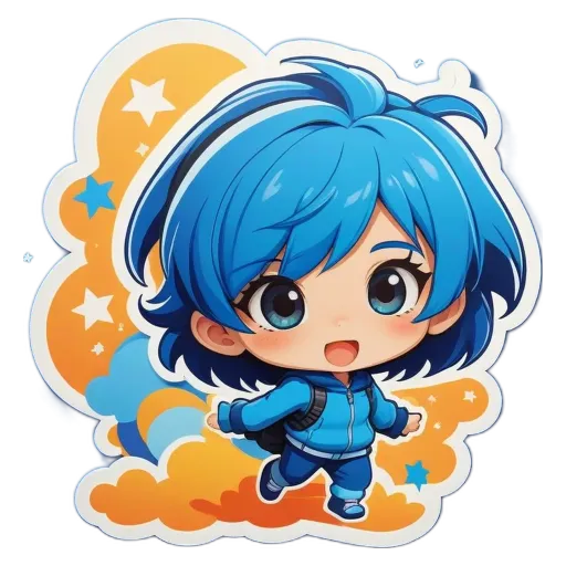 A blue girl with a backpack running in the sky.