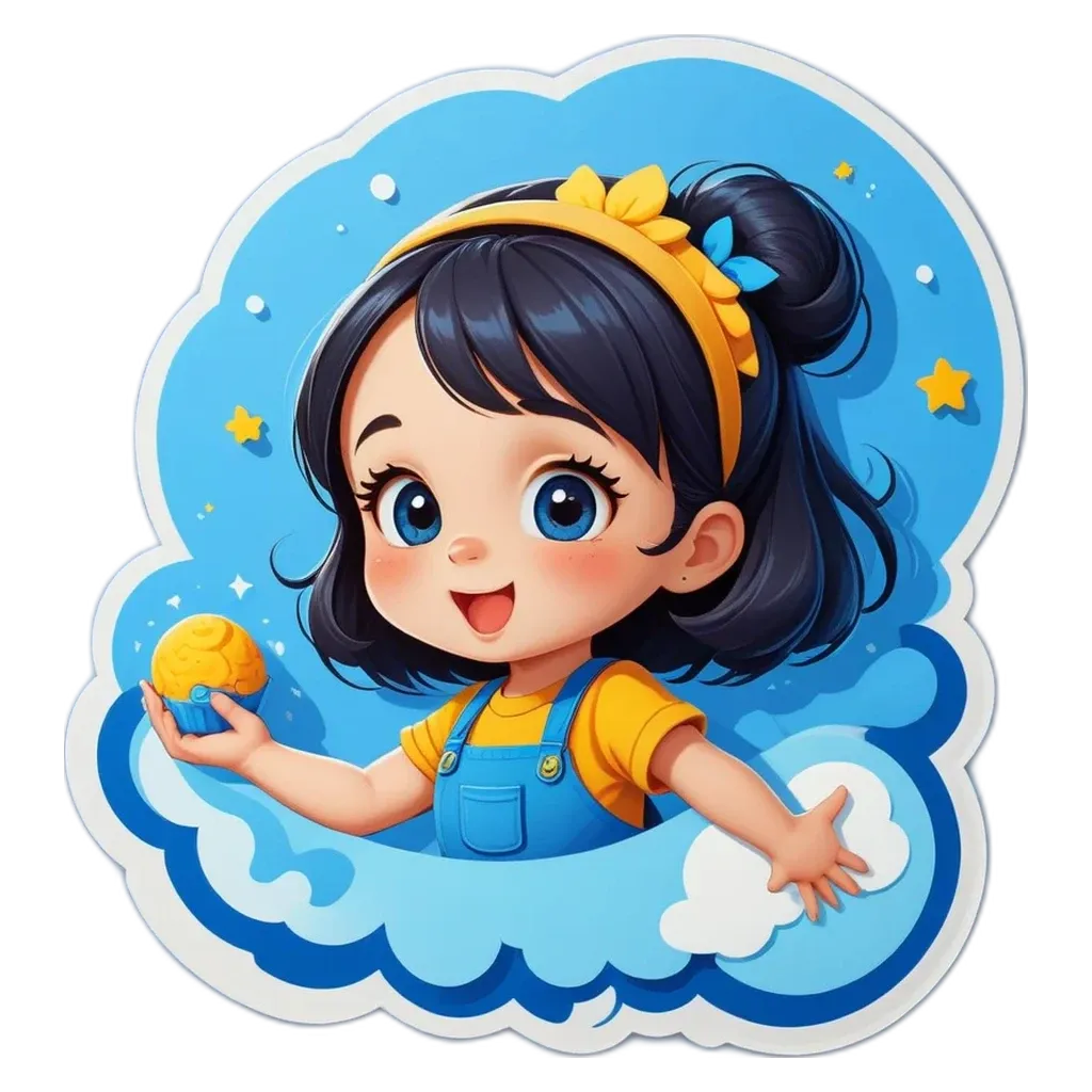 A cartoon image of a girl holding a cupcake in her hand.