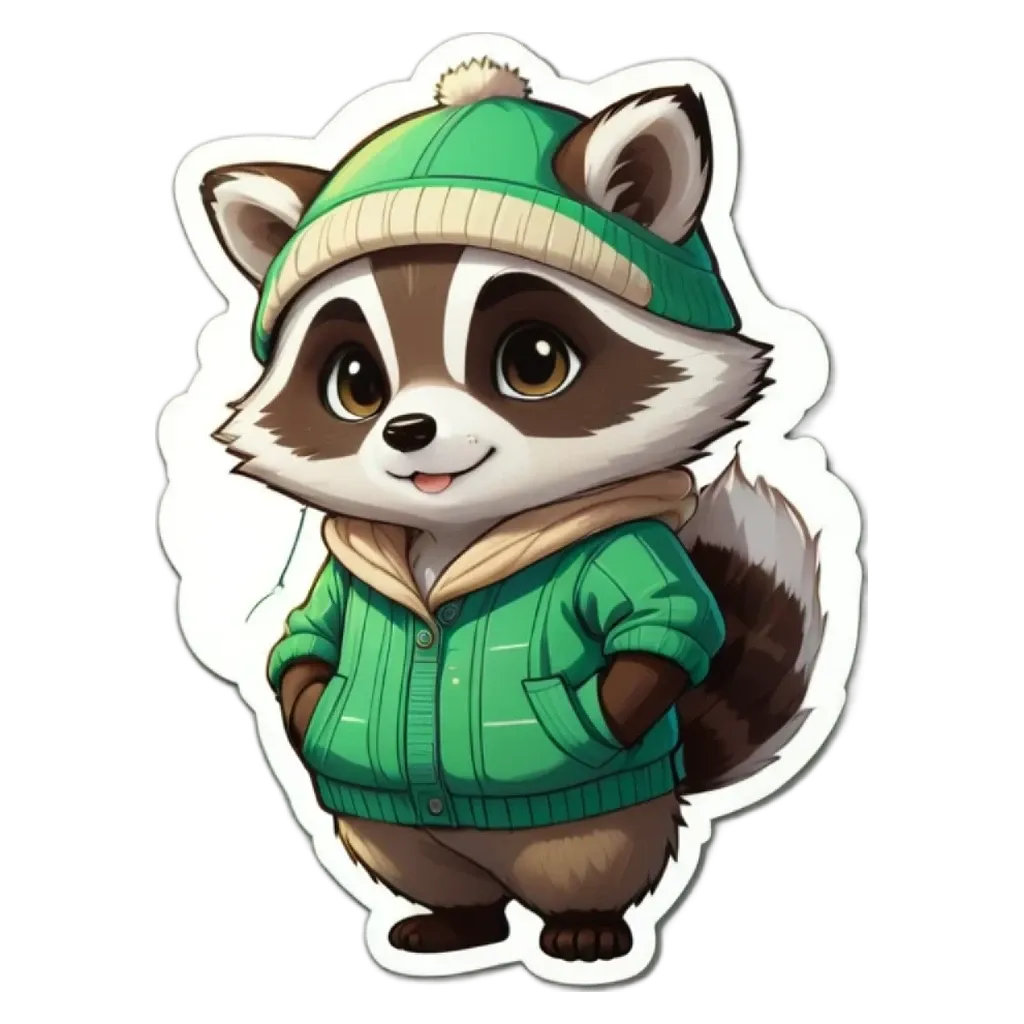 A raccoon wearing a green jacket and a hat is standing with his hands in his pockets.