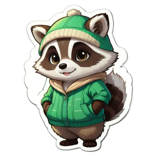 A raccoon wearing a green jacket and a hat is standing with his hands in his pockets.