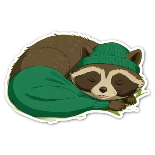 A raccoon is sleeping with a green hat.