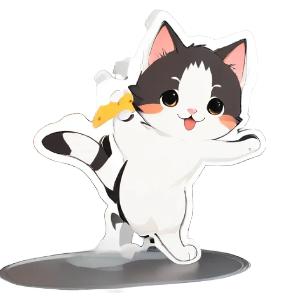 A cat and bird sticker on a white background.