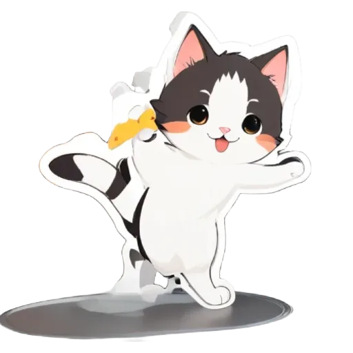 A cat and bird sticker on a white background.