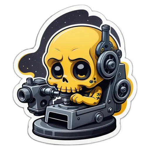 A cartoon depiction of a skull with headphones holding a gun.
