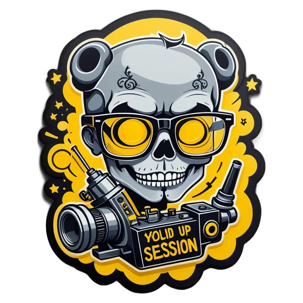 A yellow and black sticker of a camera with a skeleton wearing glasses on it.