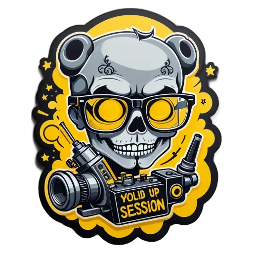 A yellow and black sticker of a camera with a skeleton wearing glasses on it.